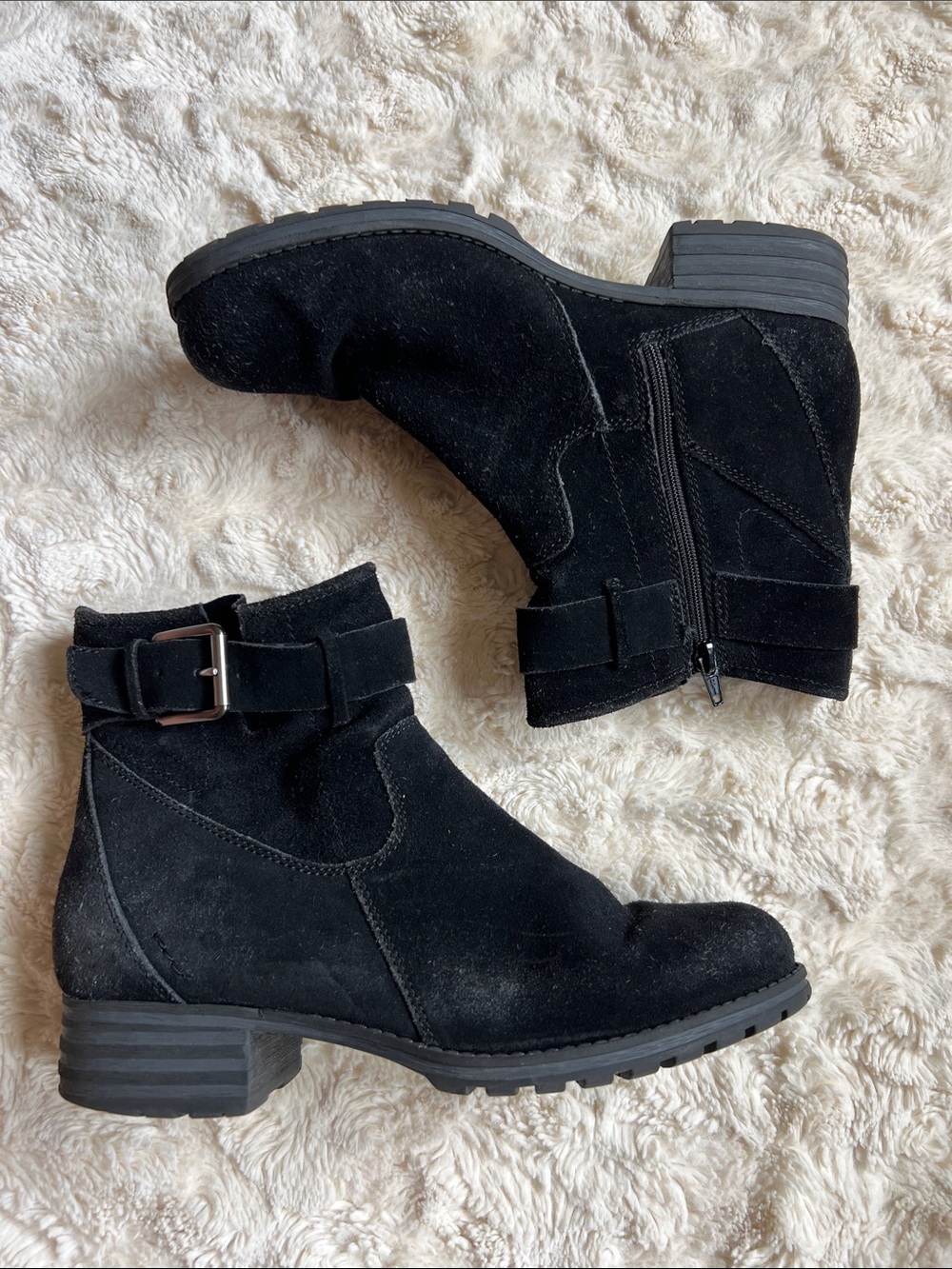 Clarks Black Suede Ankle Boots with Buckle Strap Size 9